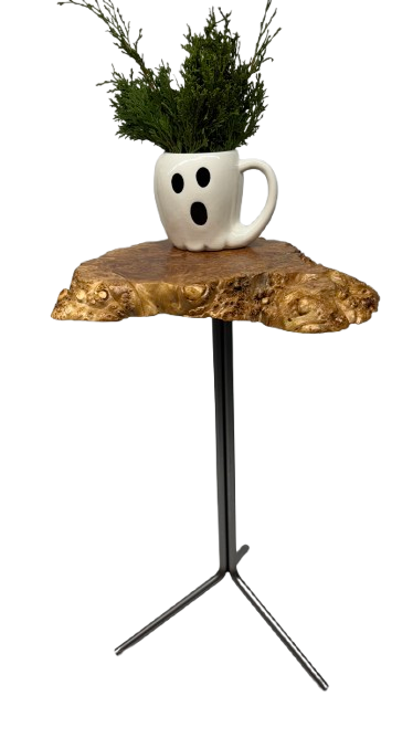 Unique Side Table- Small End Table- Plant Stand- Tree Slice- Maple Burl- Natural Wood- Industrial- Mid Century-Tripod- Live Edge Table