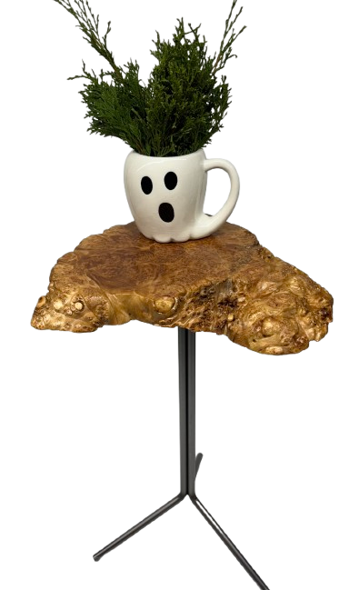 Unique Side Table- Small End Table- Plant Stand- Tree Slice- Maple Burl- Natural Wood- Industrial- Mid Century-Tripod- Live Edge Table