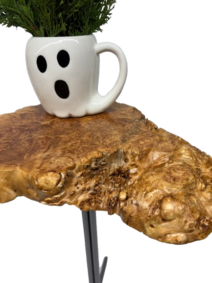 Unique Side Table- Small End Table- Plant Stand- Tree Slice- Maple Burl- Natural Wood- Industrial- Mid Century-Tripod- Live Edge Table