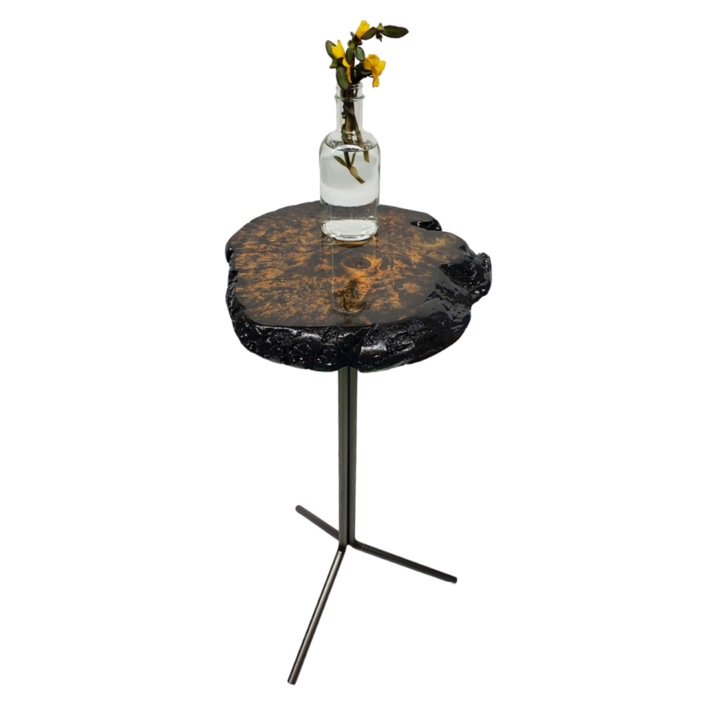 Black and Gold Side Table- Maple Burl- Small End Table- Plant Stand- Tree Slice- Natural Wood- Industrial- Mid Century- Ebonized- Home- Art