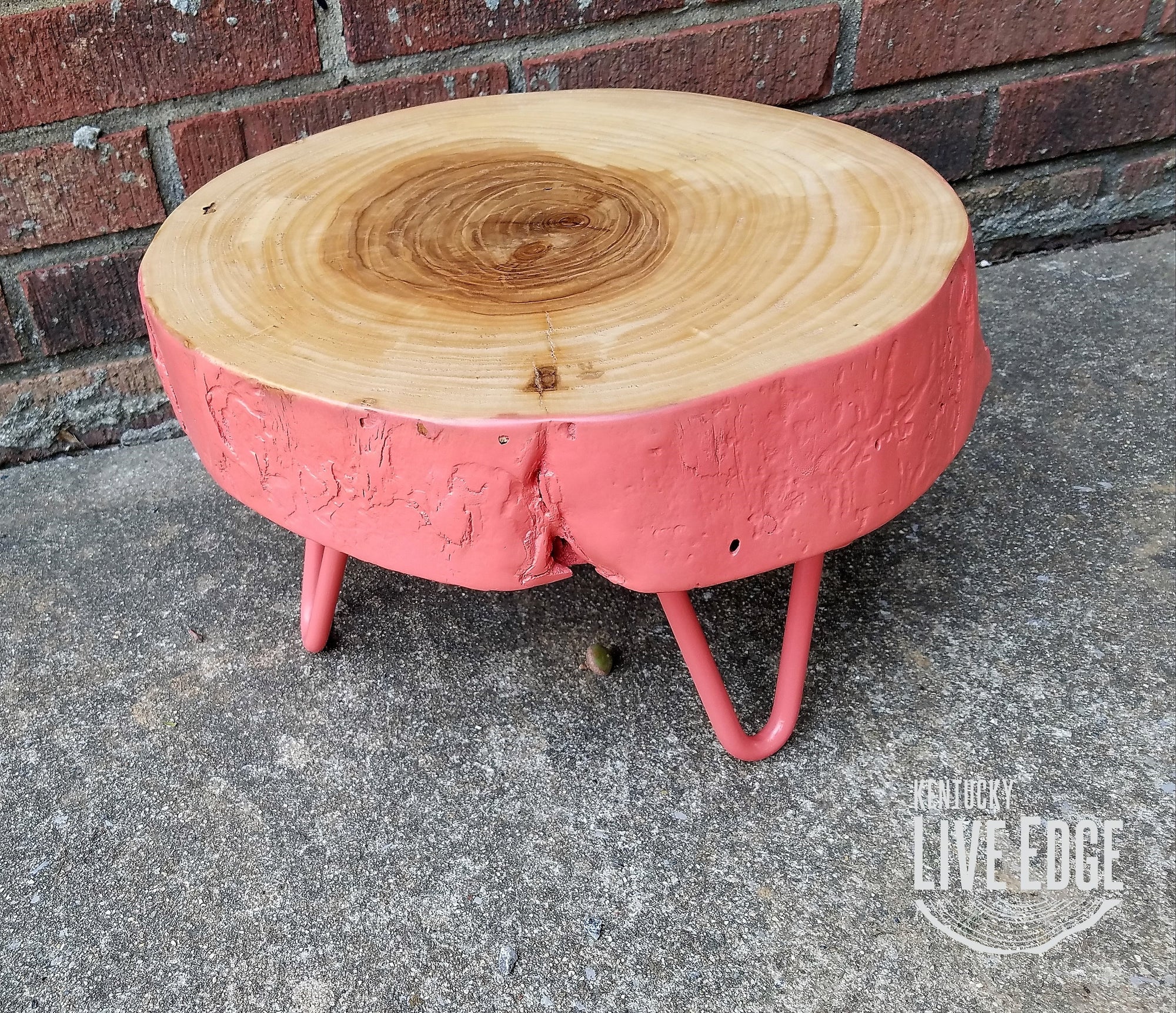 Plant Stand, Pink, Log, Side Table, Step Stool, Reclaimed Wood, Round, Organic, Natural Wood, Stool, Metal Legs, Live Edge, Mid Century