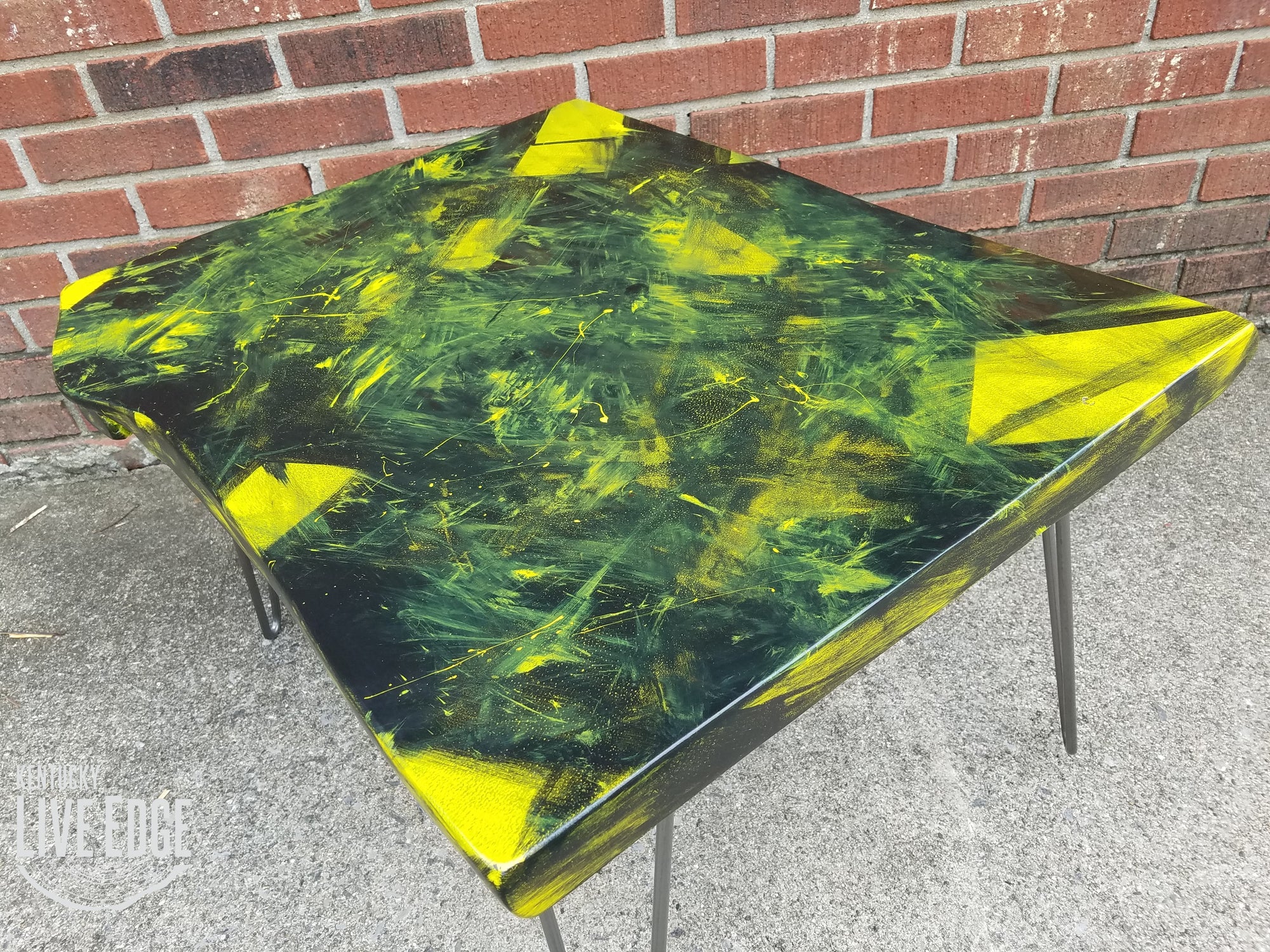 Yellow Coffee Table- Black- Artistic- Live Edge- Modern- Natural Wood- Pop Art- Splatter- Handmade Furniture- Geometric- Graffiti- Cool