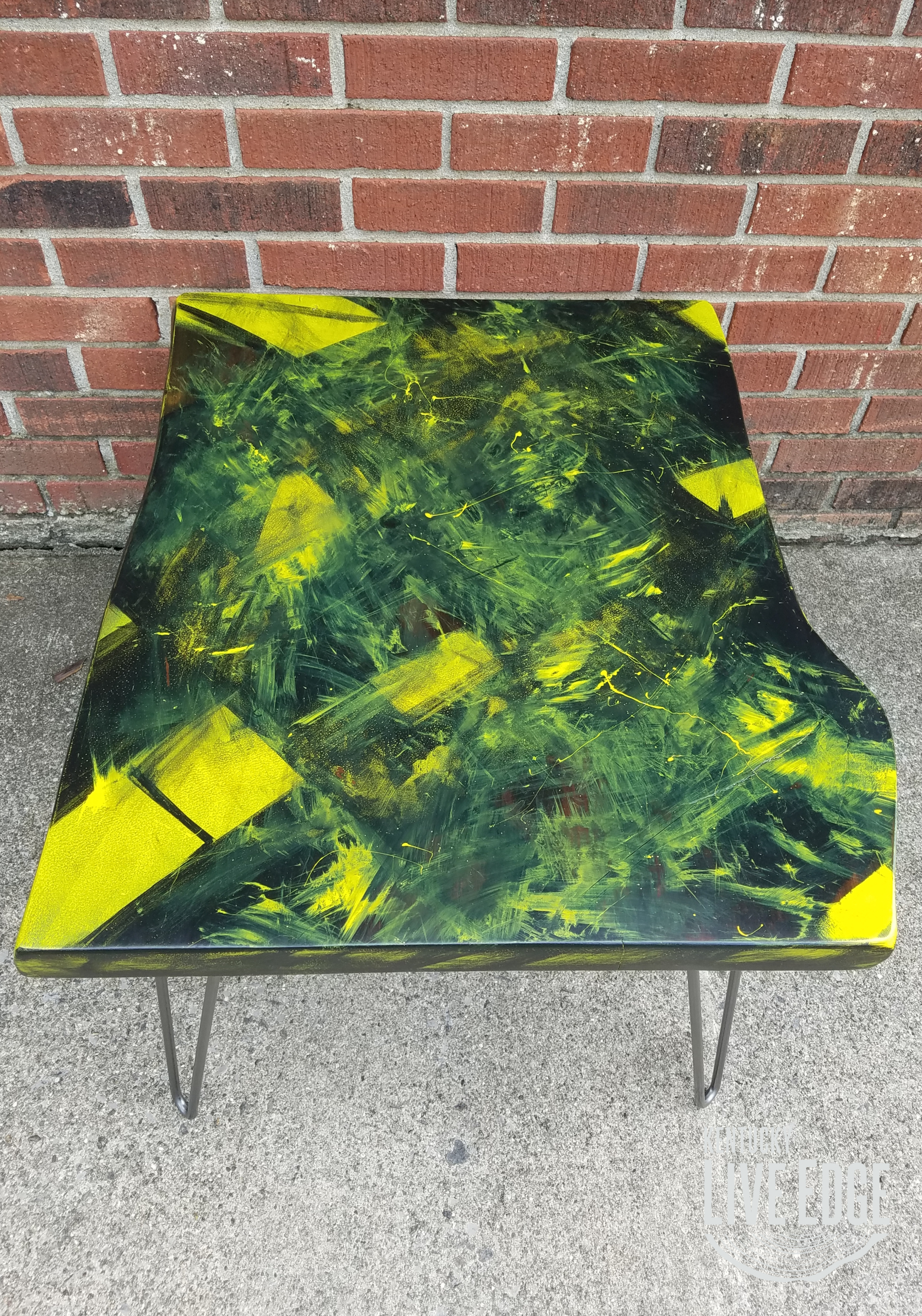 Yellow Coffee Table- Black- Artistic- Live Edge- Modern- Natural Wood- Pop Art- Splatter- Handmade Furniture- Geometric- Graffiti- Cool