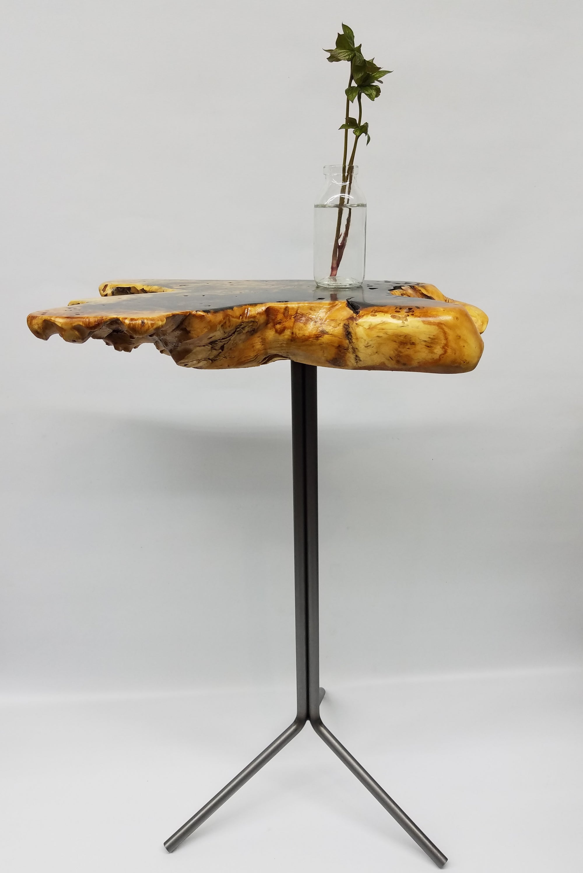 Buckeye Burl Side Table- End Table- Plant Stand- Tree Slice- Live Edge- Natural Wood- Industrial- Mid Century- Steel- Slab Table- Artistic