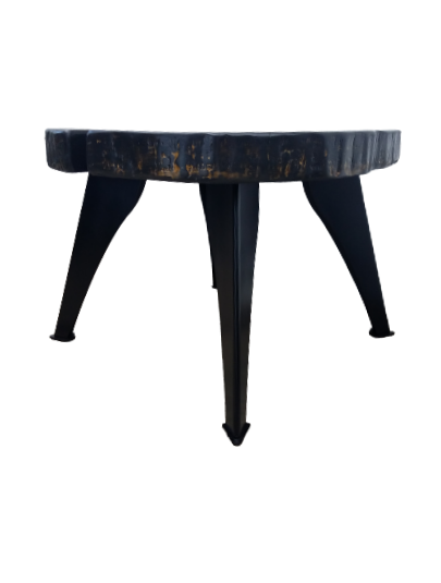 Black Coffee Table- Live Edge- Shou Sugi Ban- Round Coffee Table- Tapered Steel Legs- Modern- Contemporary- Tree Slice- Monochromatic