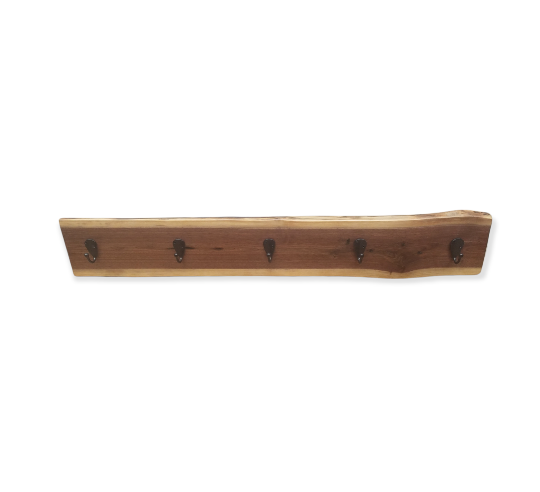 Wooden Coat Rack- Hat Rack- Organic- Walnut- Natural Edges- Black Hooks- Wood- Sustainable- Live Edges- Rustic- Modern- Simple- Functional