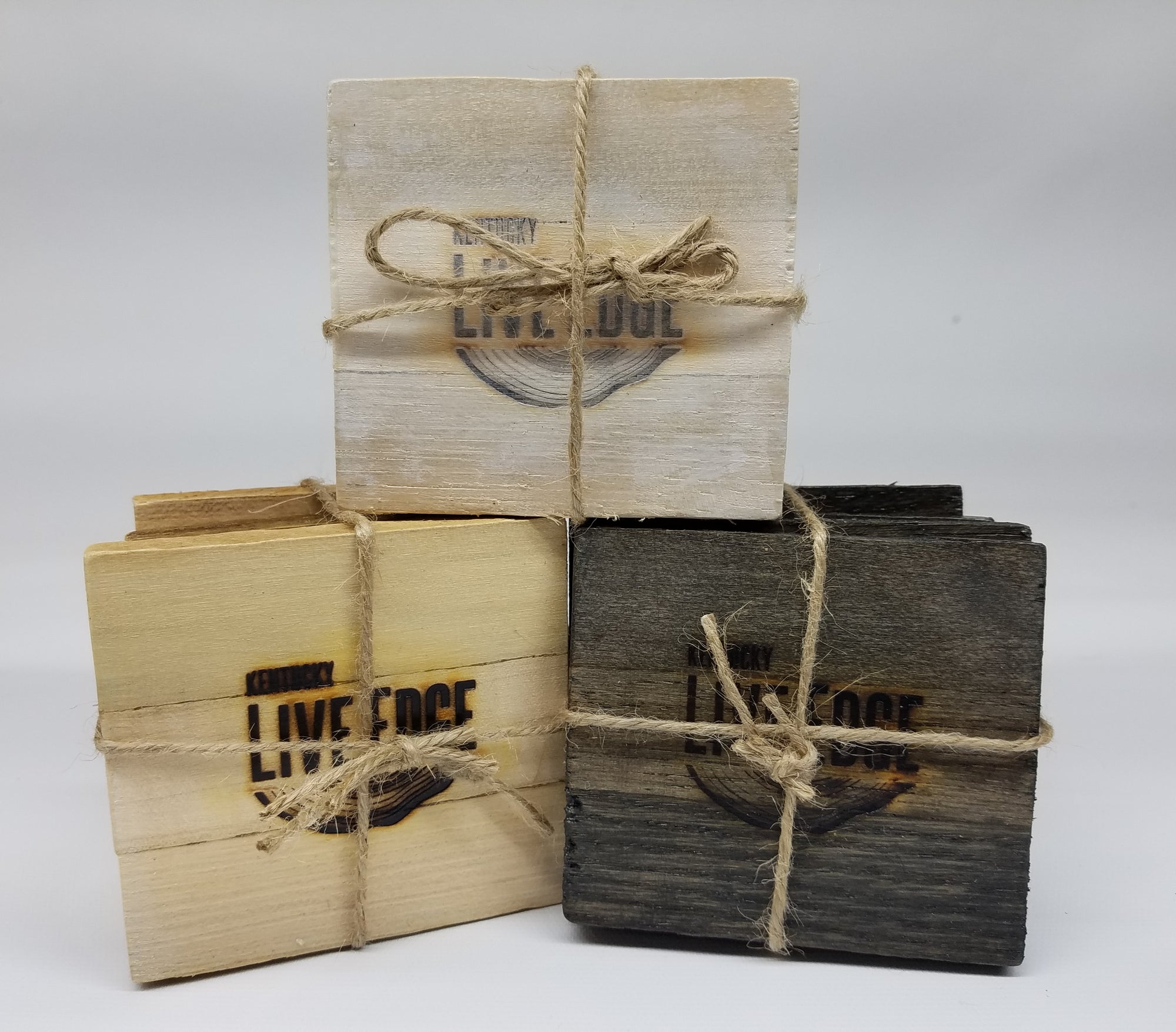 Set of 4 Wood Square Coasters Metal Holder Rustic Home Decor Drink