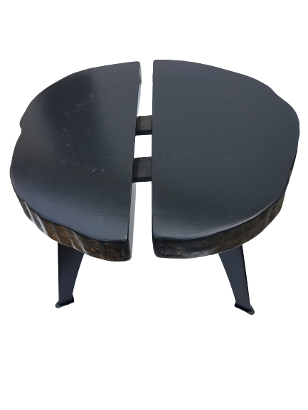 Black Coffee Table- Live Edge- Shou Sugi Ban- Round Coffee Table- Tapered Steel Legs- Modern- Contemporary- Tree Slice- Monochromatic